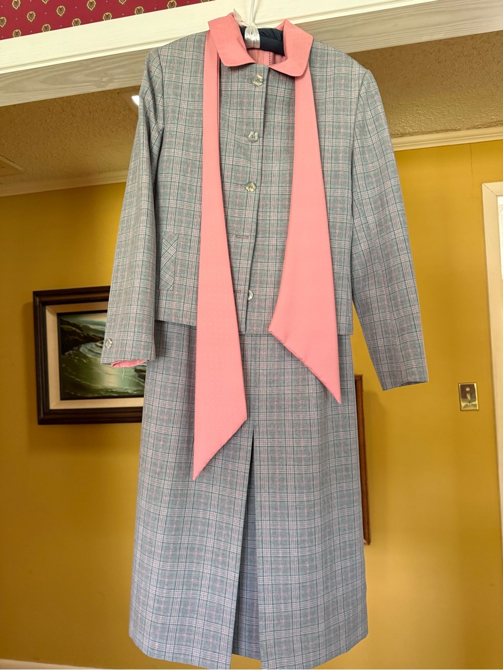 Vintage Classic Plaid Long-Sleeve Dress with Pink Accent